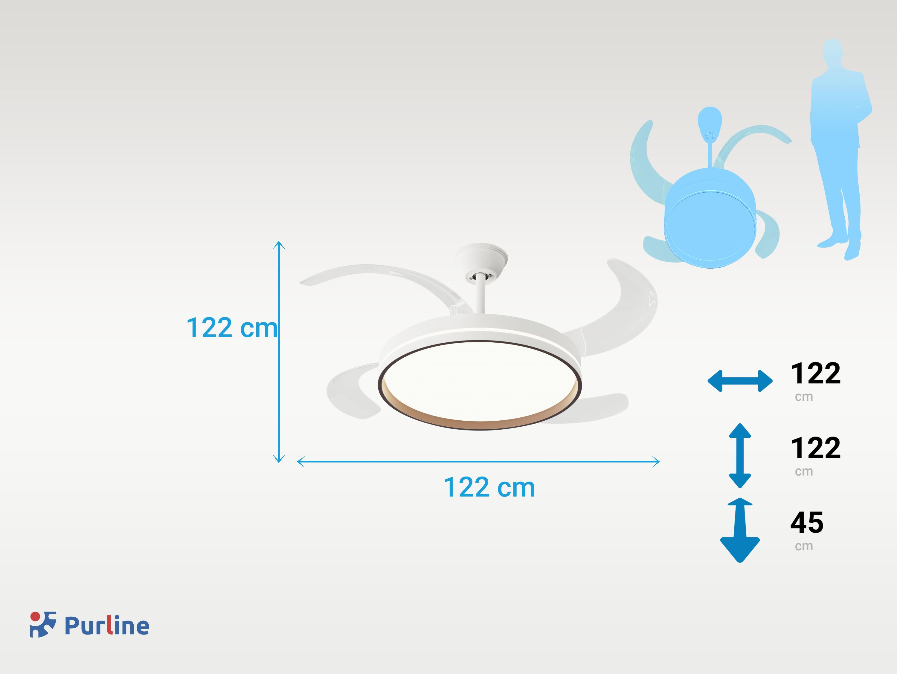 Diagrama muestra un ventilador de techo blanco con luz, 122 cm de diámetro y medidas.