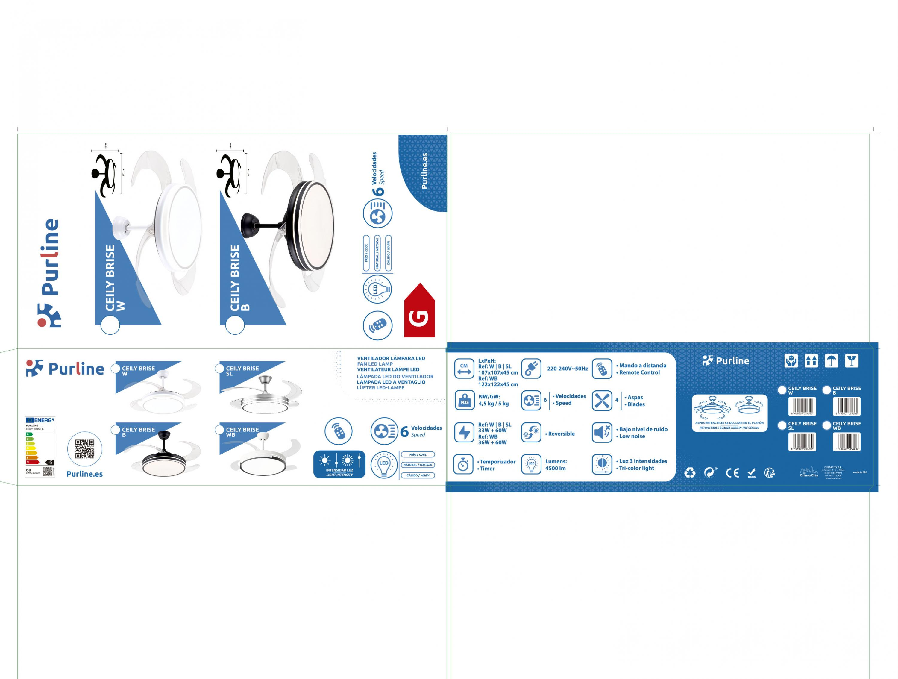 Embalaje del producto para ventilador de techo Purline con luz LED, dimensiones, características y especificaciones.