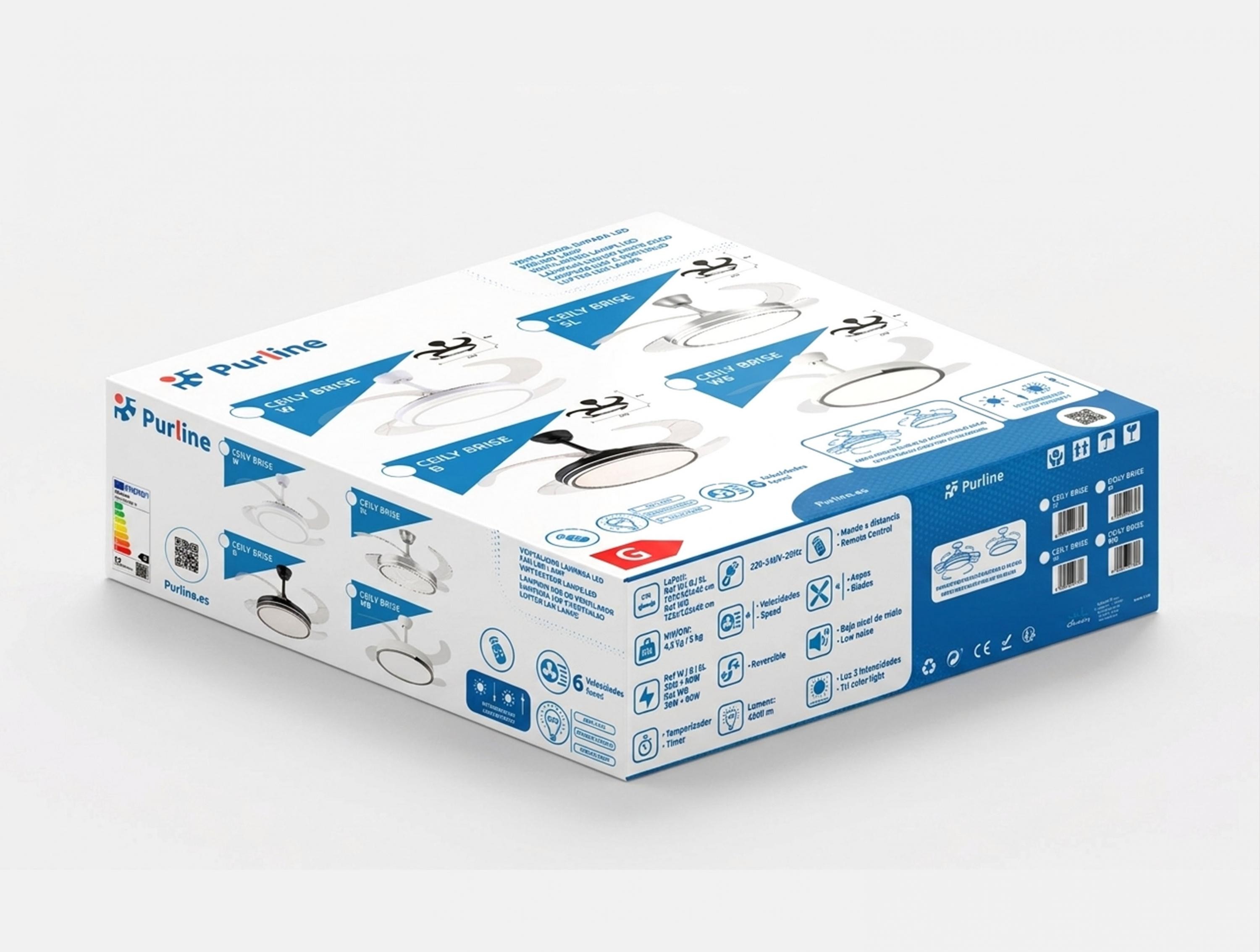 Una caja de embalaje de ventilador de techo Purline blanca con detalles azules y gráficos de productos.