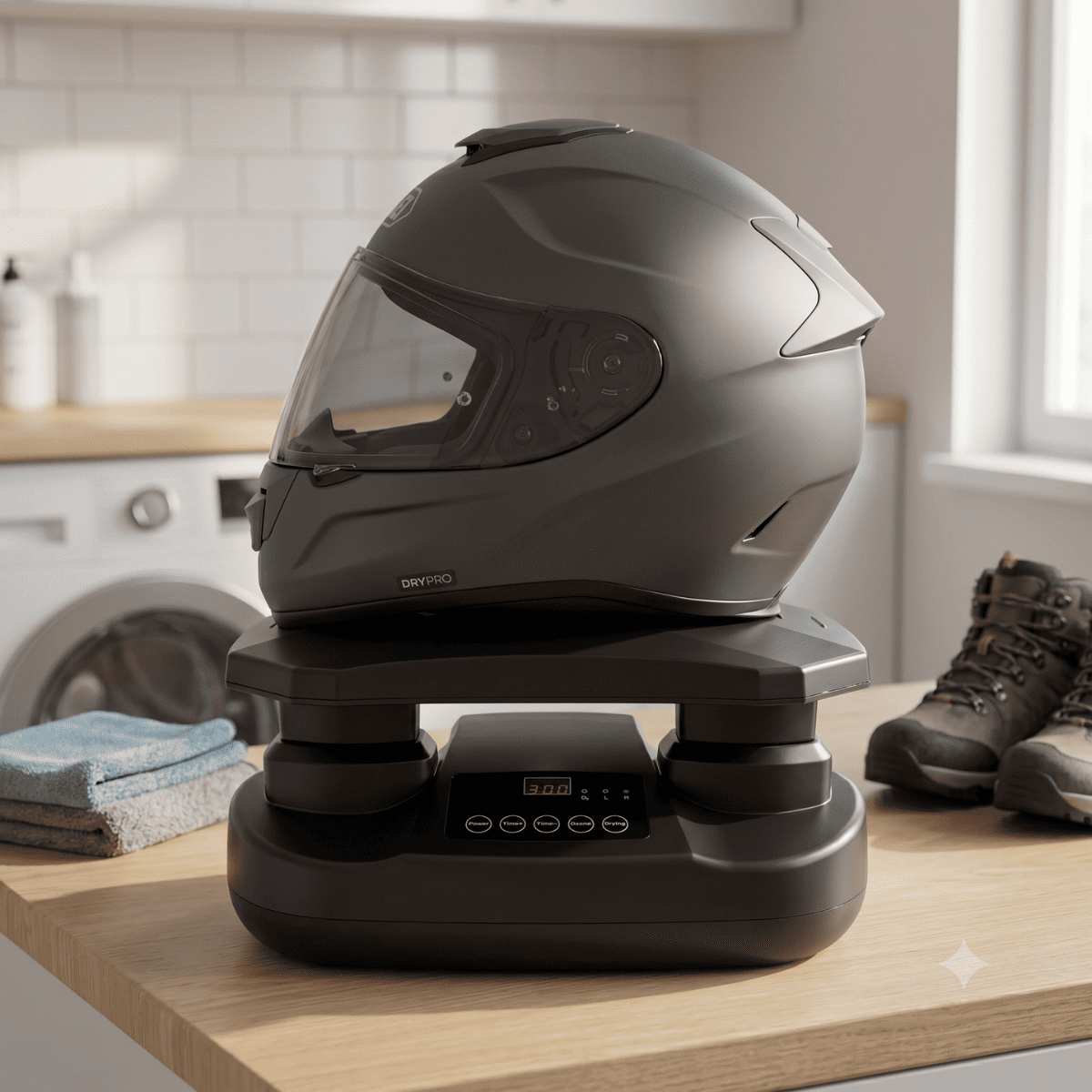 Un casco de moto gris sobre un secador negro en una encimera de madera, con una lavadora al fondo.