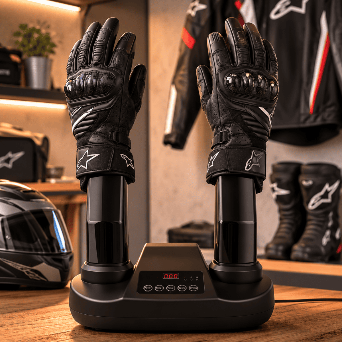 Dos guantes de moto negros montados en un soporte calefactable con pantalla digital sobre una mesa de madera.