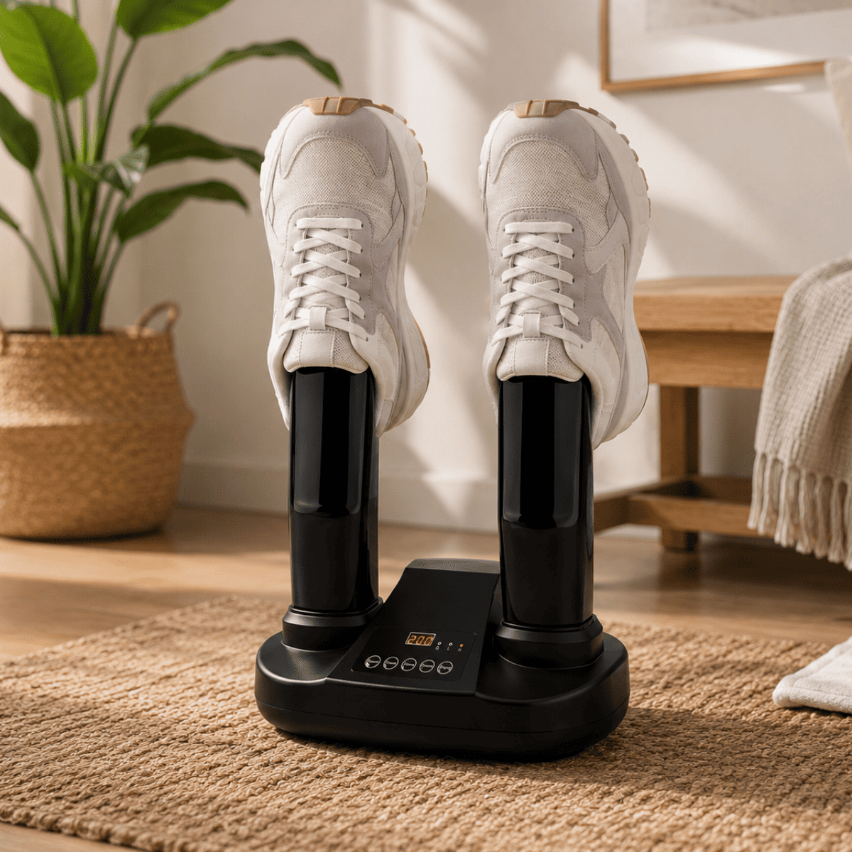 Dos zapatillas blancas en un secador de botas negro sobre una alfombra de paja en una habitación luminosa.