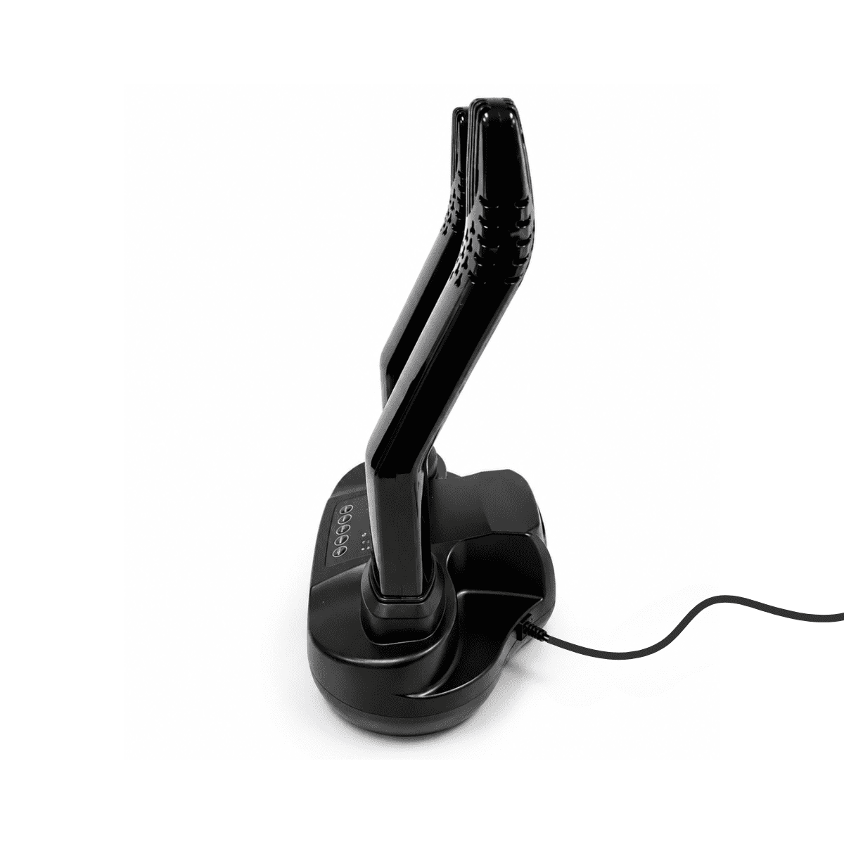 Un secador de zapatos eléctrico negro sobre fondo blanco con cable de alimentación.