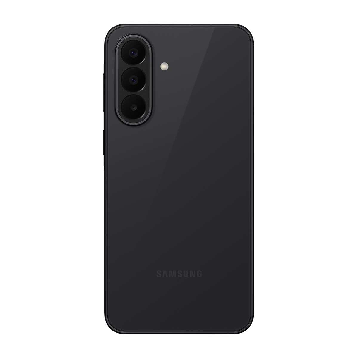 Üç dikey kamerası ve Samsung logosu bulunan siyah bir Samsung akıllı telefonun arkası.