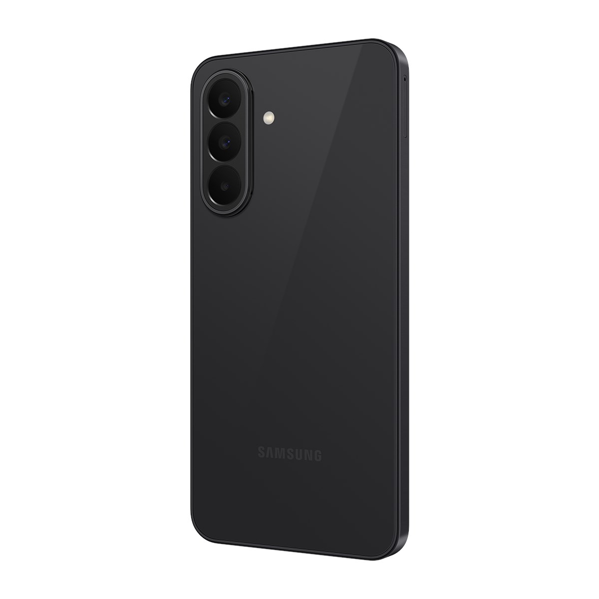 Arkadan görünen siyah Samsung akıllı telefon, dikey üçlü kamera kurulumu ve Samsung logosu ile.