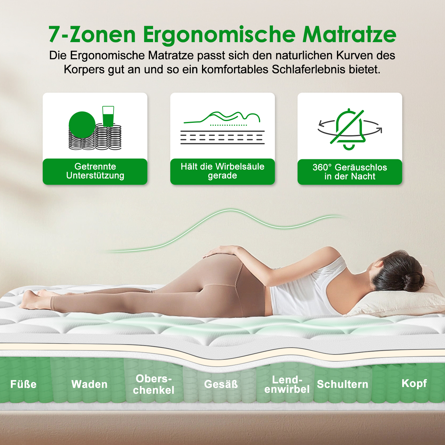 Eine Frau schläft auf einer 7-Zonen-Ergonomischen-Matratze, die den Körper optimal stützt.