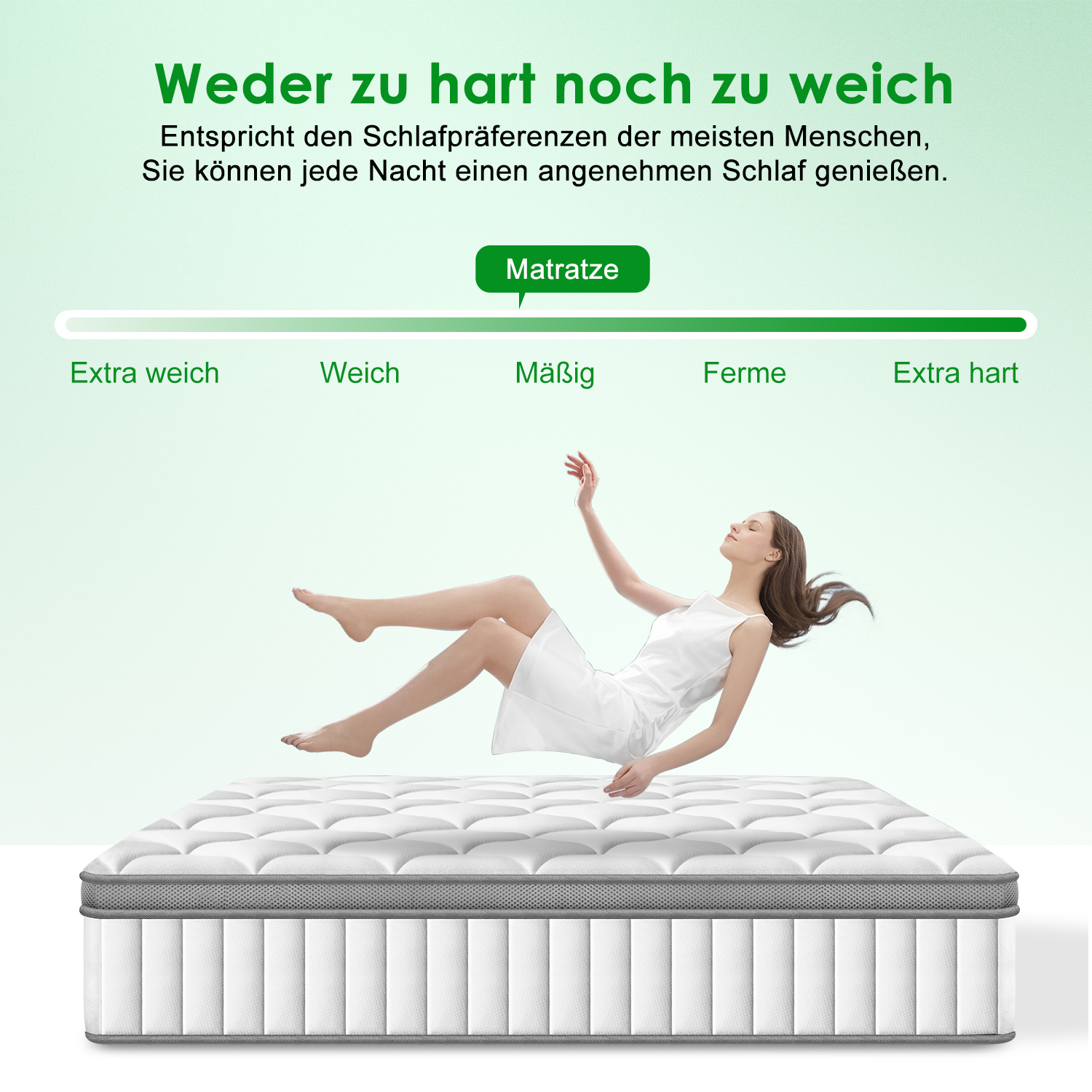 Eine Frau in weißem Kleid schwebt über einer festen Matratze, mit einem Härtegradmesser oben.