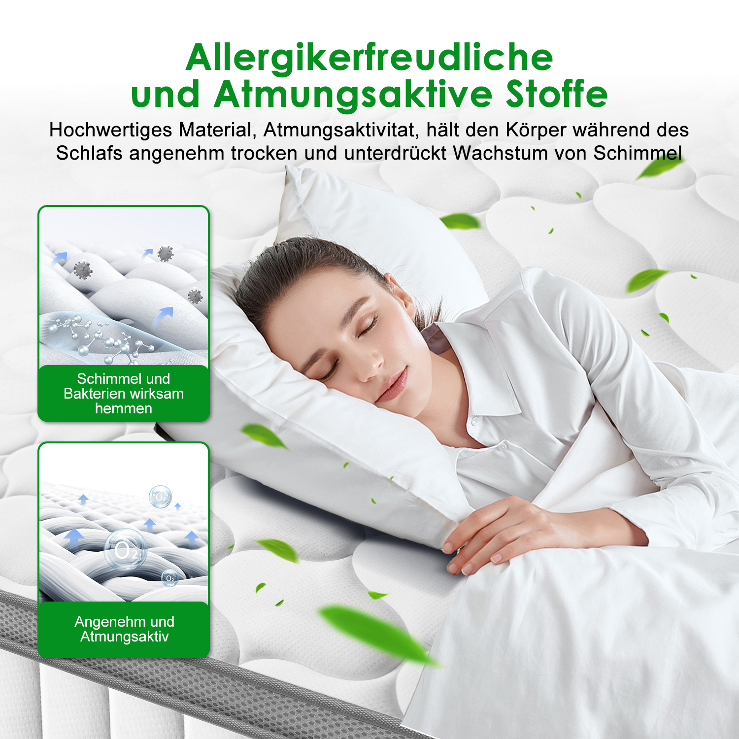 Eine Frau schläft friedlich auf einer Matratze mit kleinen Grafiken, die atmungsaktiven und antibakteriellen Stoff zeigen.