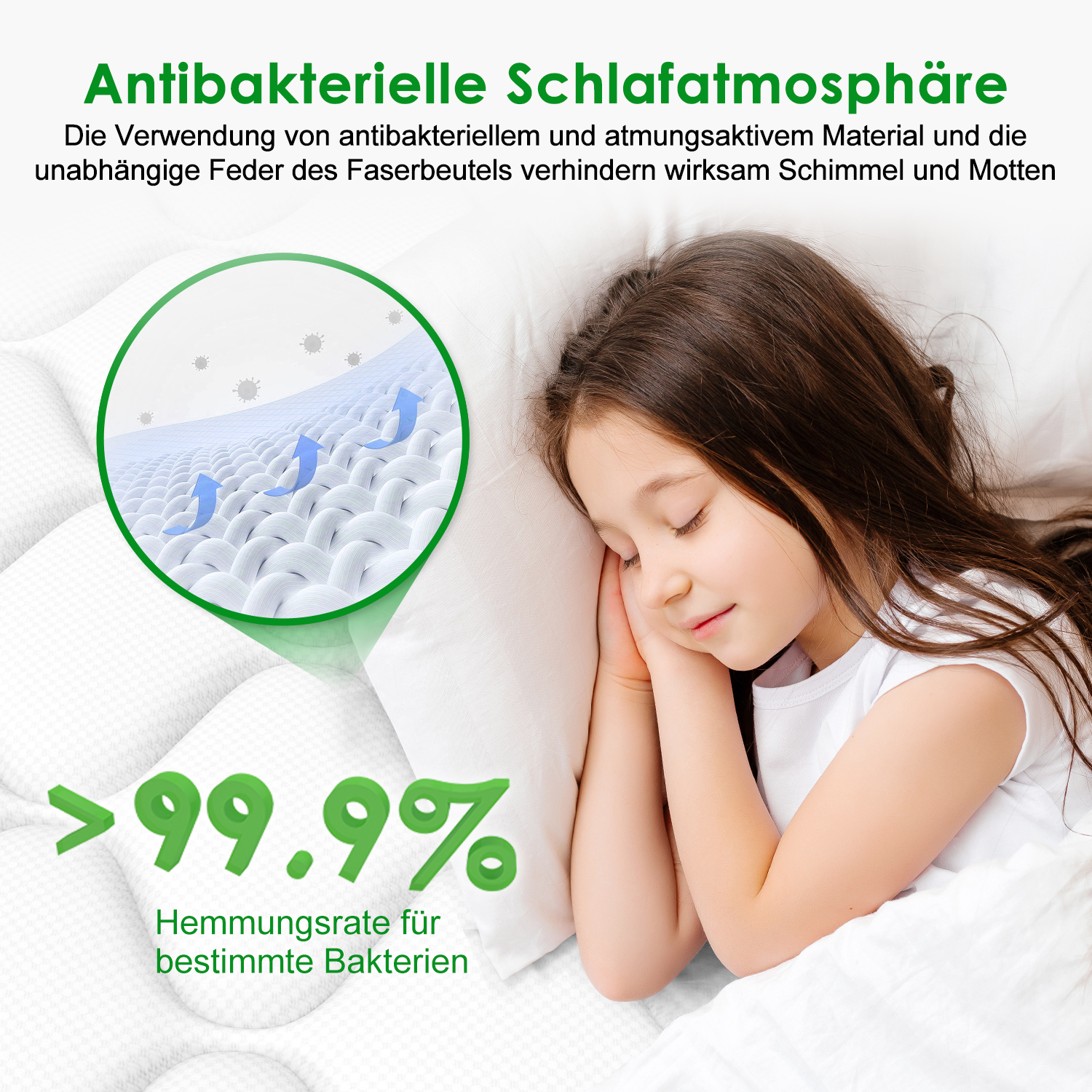 Ein Kind schläft friedlich auf einem Kissen, mit Grafiken zu antibakteriellem und atmungsaktivem Material.