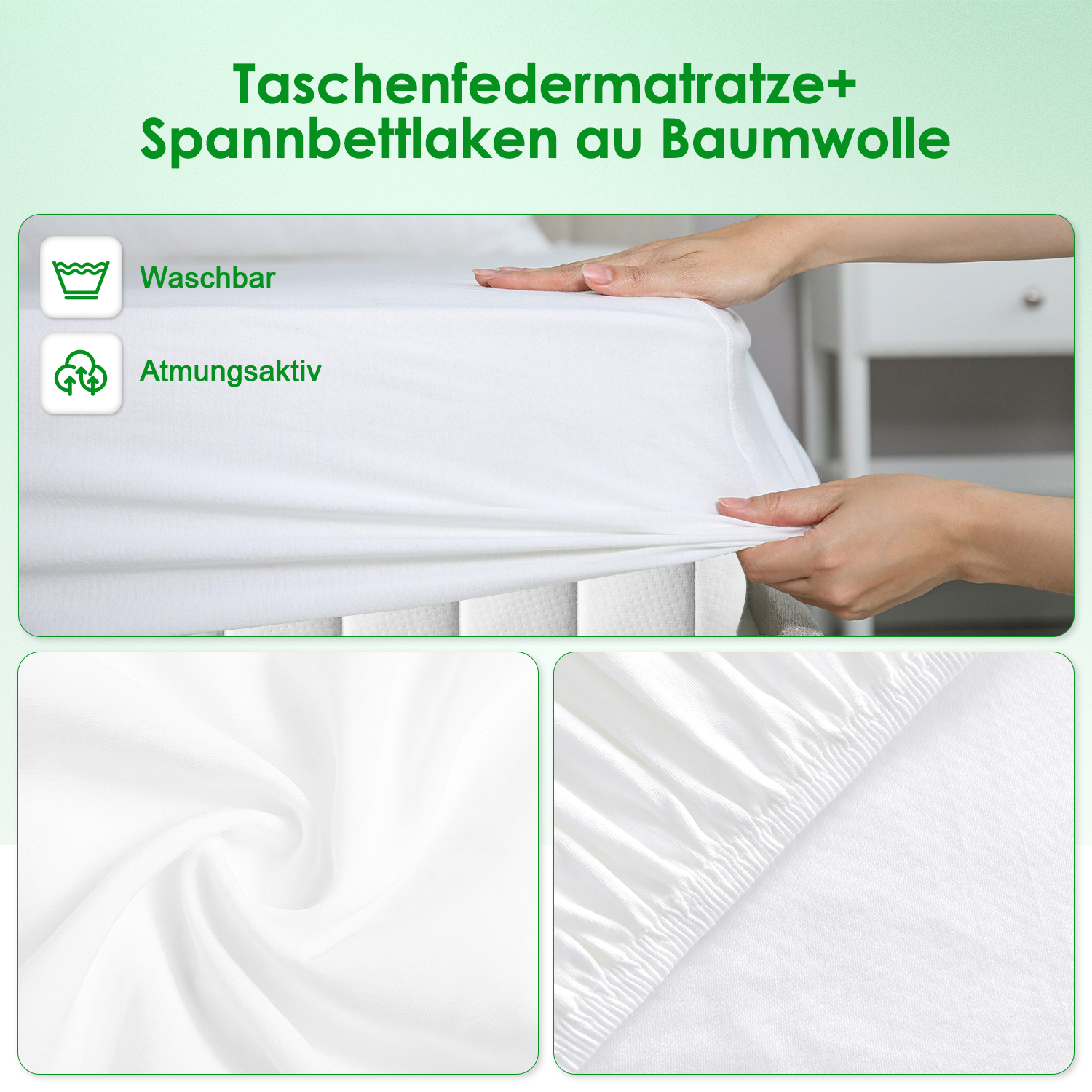 Hände ziehen ein weißes Spannbettlaken auf eine Matratze, mit Symbolen für waschbar und atmungsaktiv.