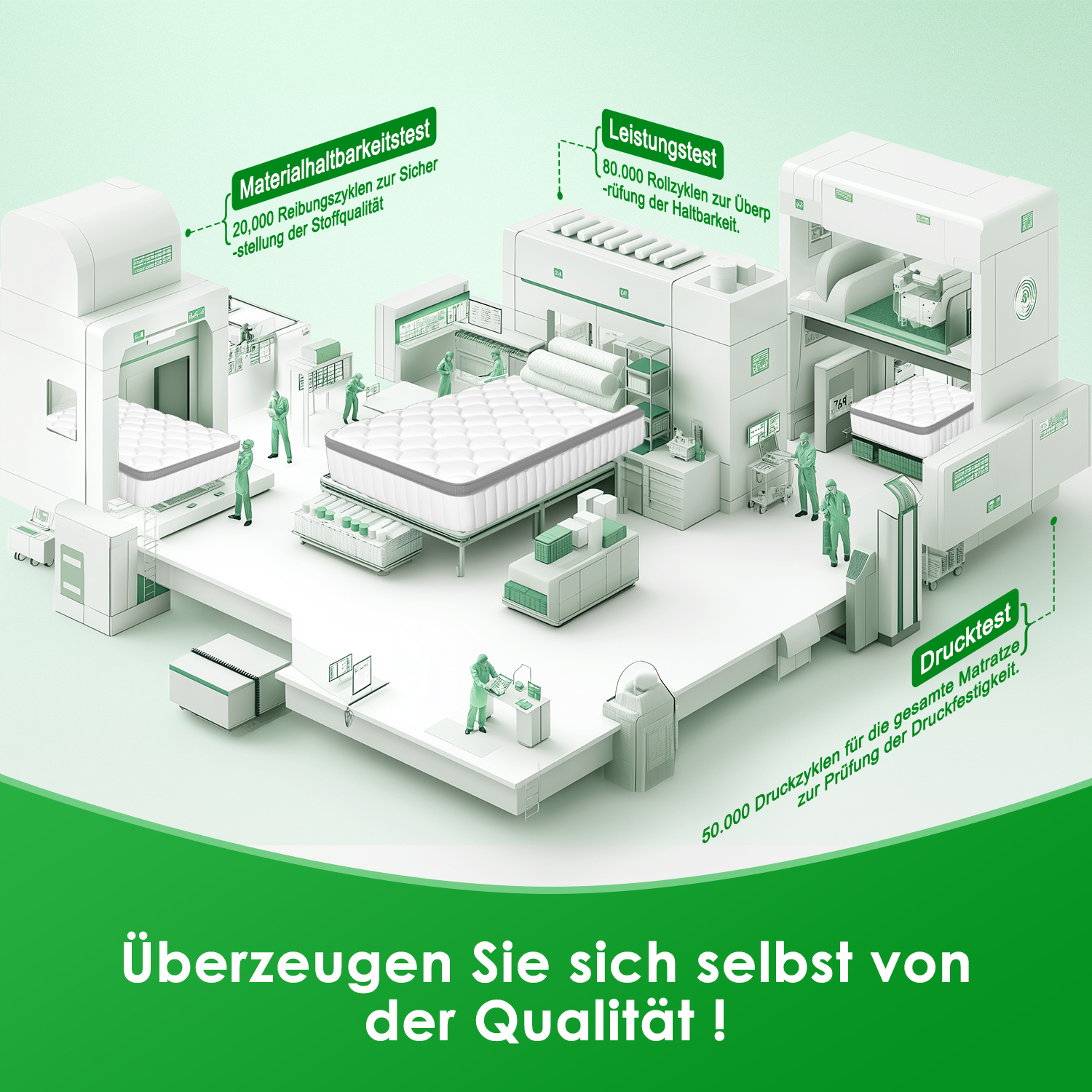 Fabrik zur Matratzenprüfung mit Maschinen und Arbeitern in grün-weißem Design.