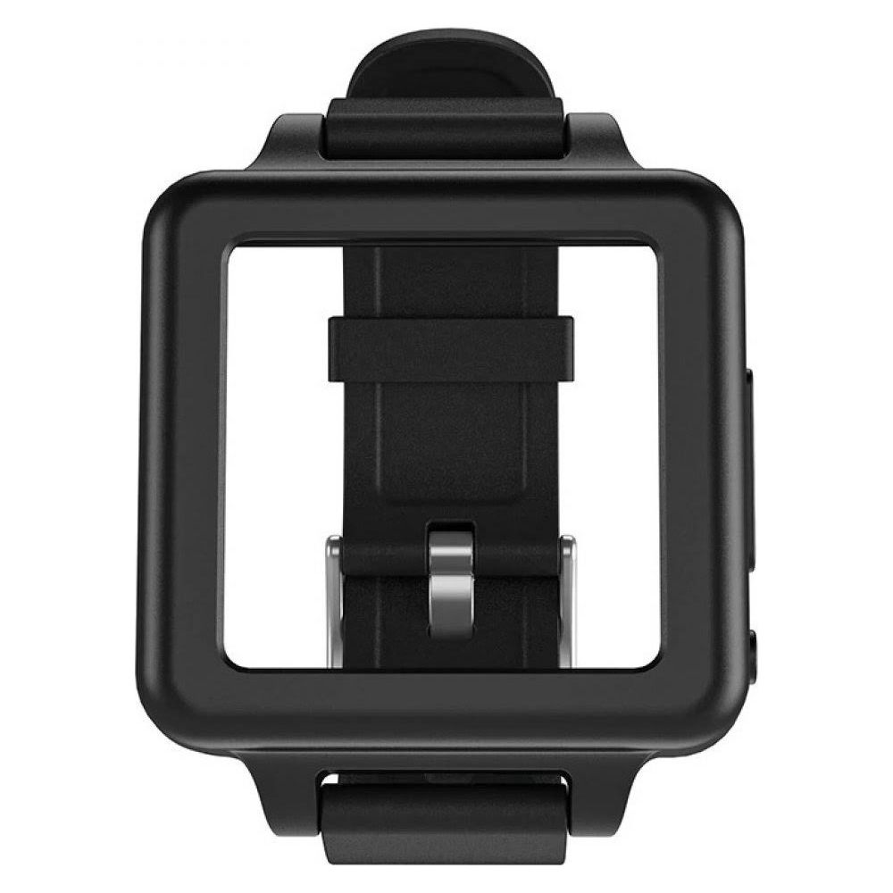 Una funda protectora negra para reloj inteligente con correa negra sobre fondo blanco.