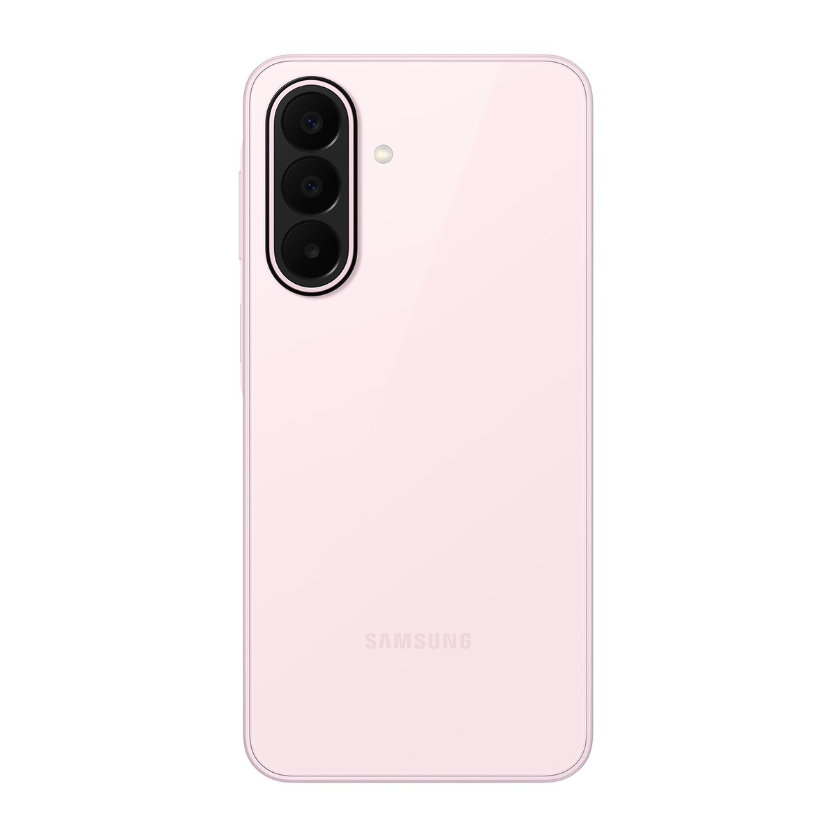 Dikey üçlü kameralı ve flaşlı pembe bir Samsung akıllı telefonun arkası.