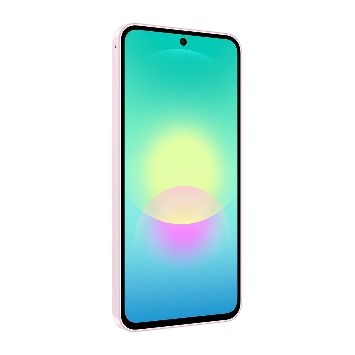 Ekranında renkli, parlayan bir geçiş duvar kağıdı olan pembe bir akıllı telefon.