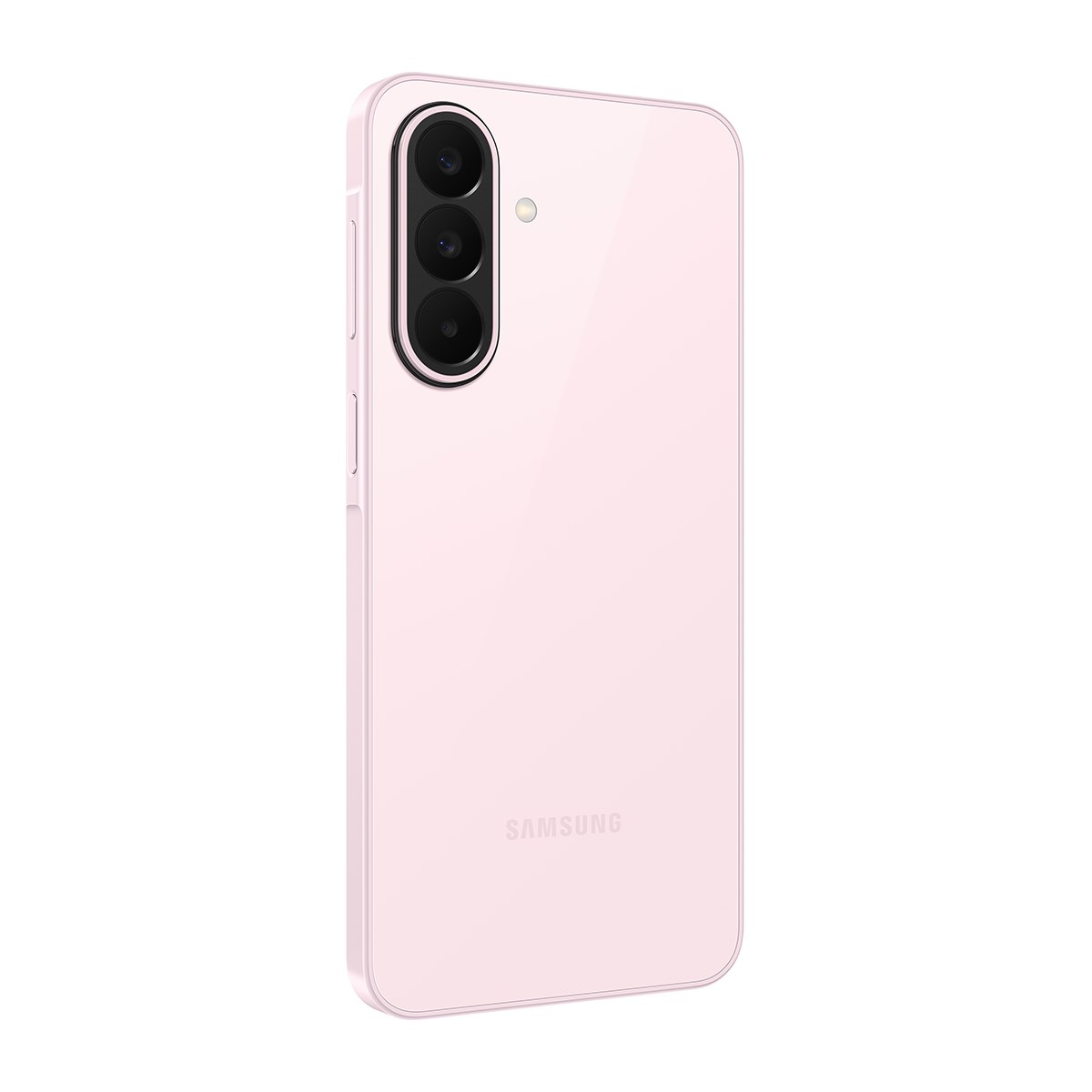 Dikey üçlü kameraya ve Samsung logosuna sahip pembe bir Samsung akıllı telefonun arkası.