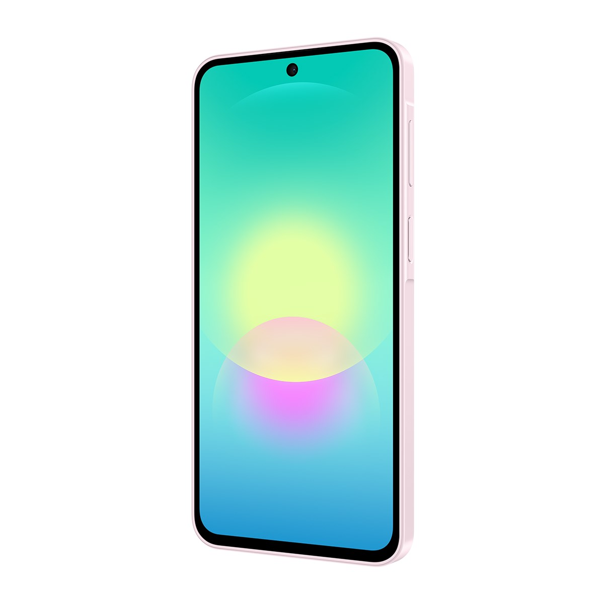 Ekranında parlayan turkuaz ve sarı soyut duvar kağıdı olan pembe bir akıllı telefon.