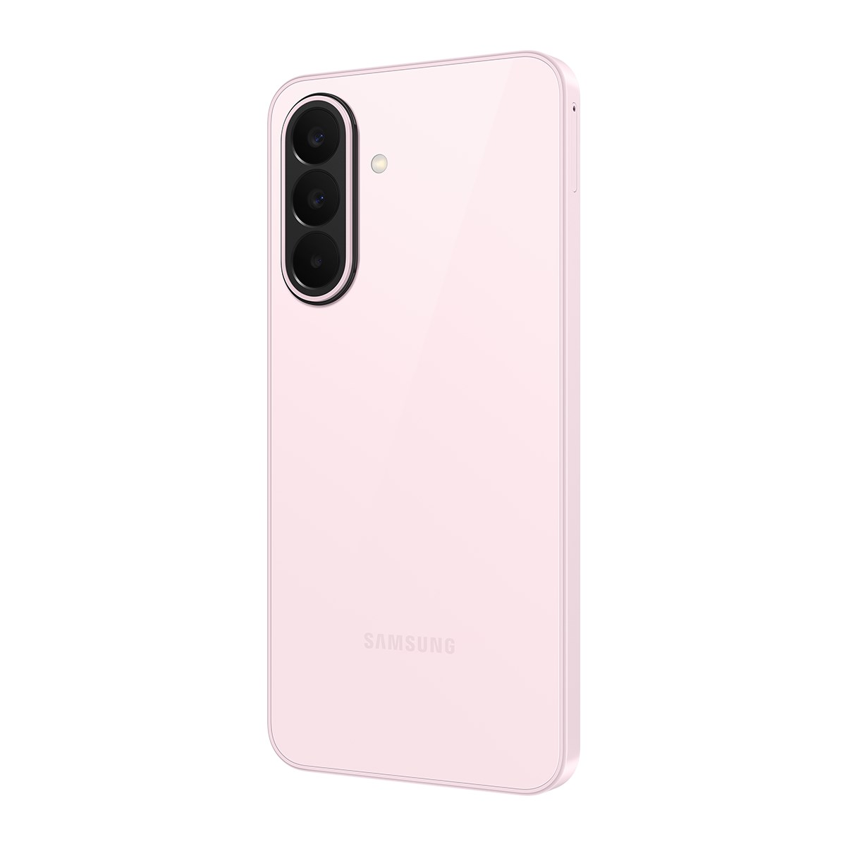 Dikey üçlü kameraya sahip pembe bir Samsung akıllı telefonun arkası.
