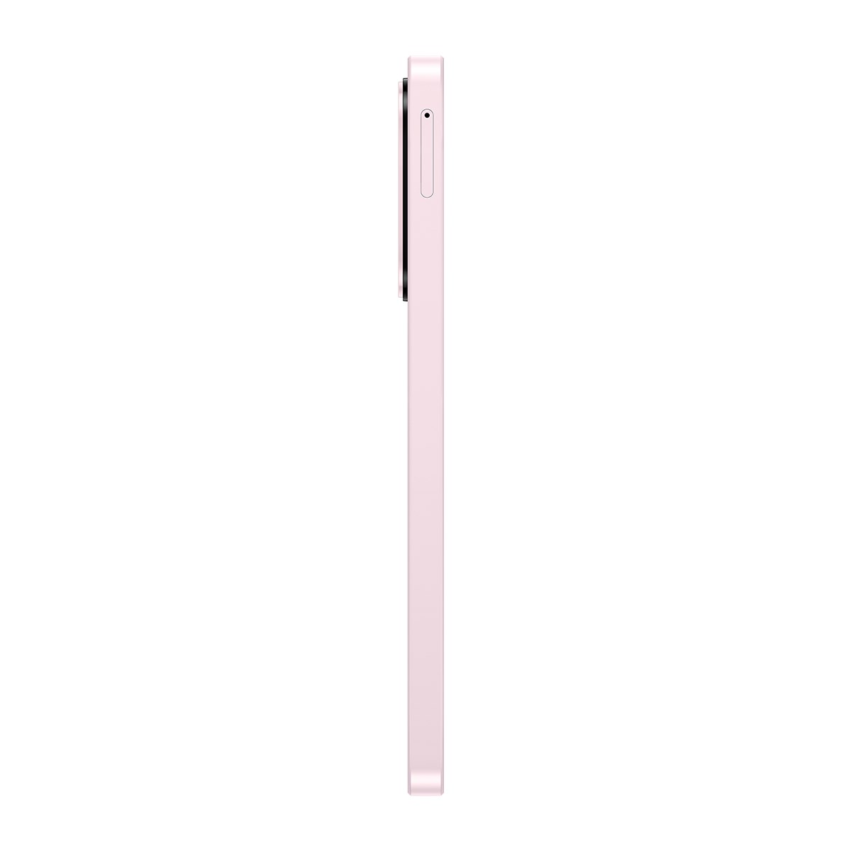 Beyaz arka planda ses tuşları ve mikrofon deliği olan açık pembe akıllı telefonun yan görünümü.