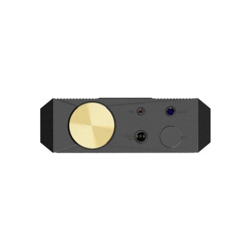 Dispositivo de audio negro con una perilla de volumen dorada y varios puertos sobre fondo blanco.