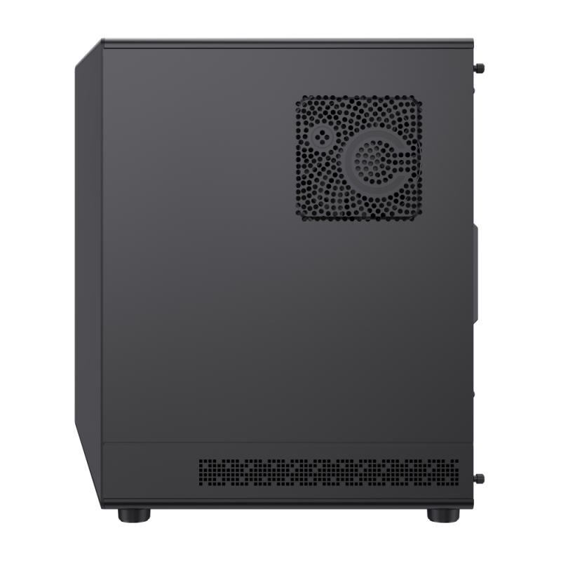 Ein schwarzes PC-Gehäuse mit perforierten Lüftungsgittern an der Seite auf einem schwarzen Hintergrund.