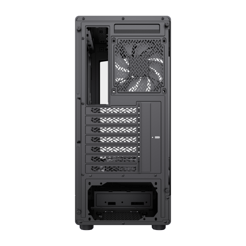 Rückansicht eines schwarzen Computergehäuses mit Lüfter und Erweiterungssteckplätzen.