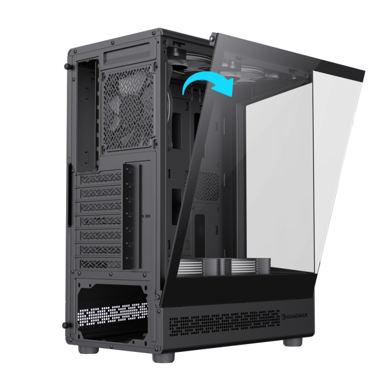 Ein schwarzes PC-Gehäuse mit aufklappbarer Glastür und einer blauen Pfeilgrafik.
