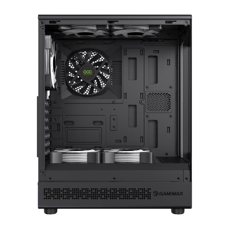 Innenansicht eines leeren schwarzen PC-Gehäuses mit mehreren Lüftern oben, hinten und unten.