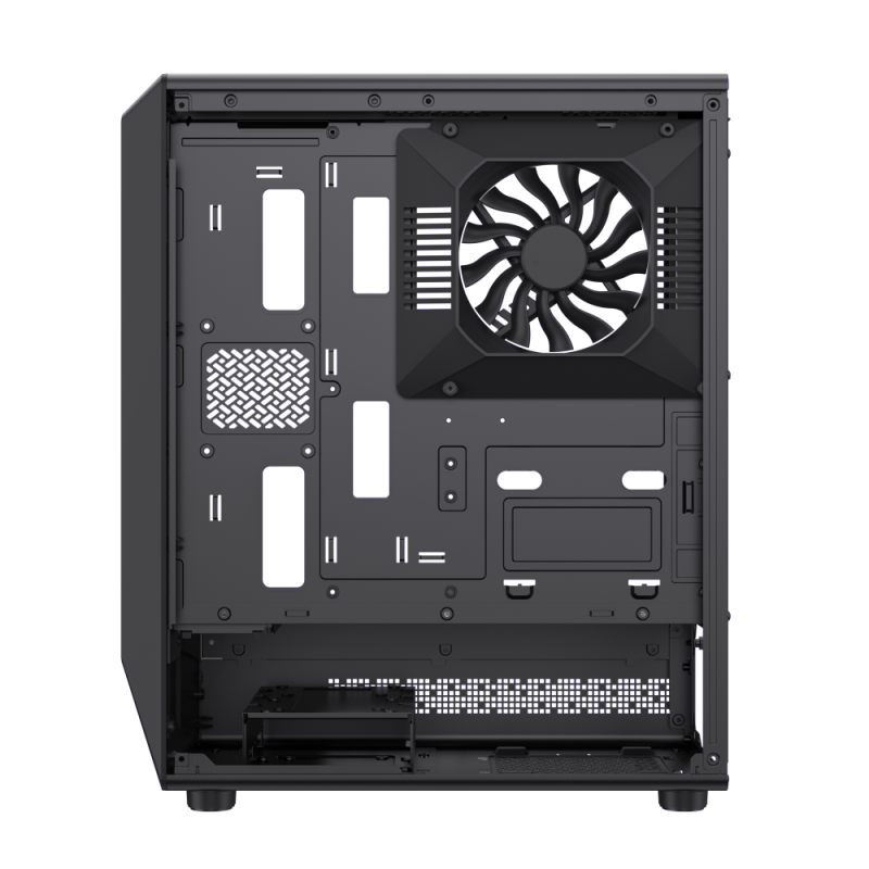Das Innere eines schwarzen PC-Gehäuses mit einem vorinstallierten schwarzen Lüfter an der Rückwand.