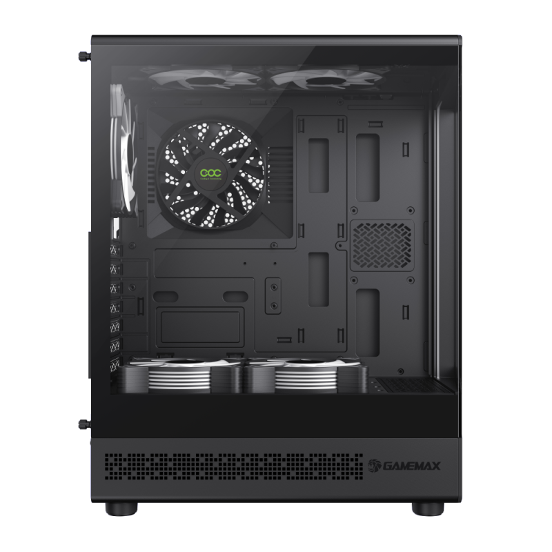 Schwarzes, leeres PC-Gehäuseinnere mit Lüftern und GameMax-Logo unten.