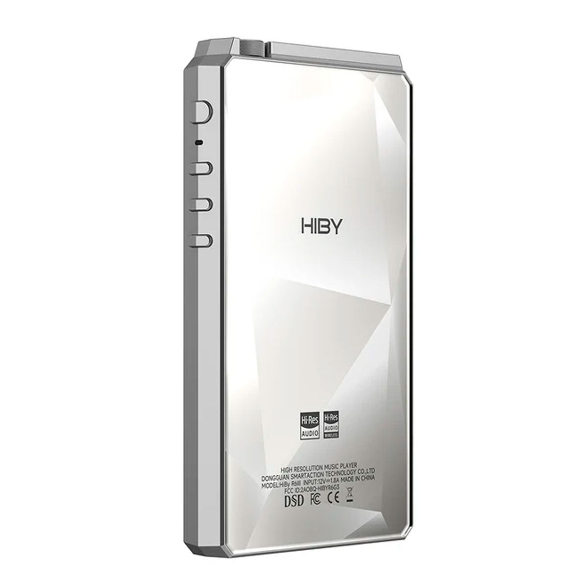 Un reproductor de audio digital HiBy plateado con patrones geométricos, botones laterales y logo de Hi-Res Audio.