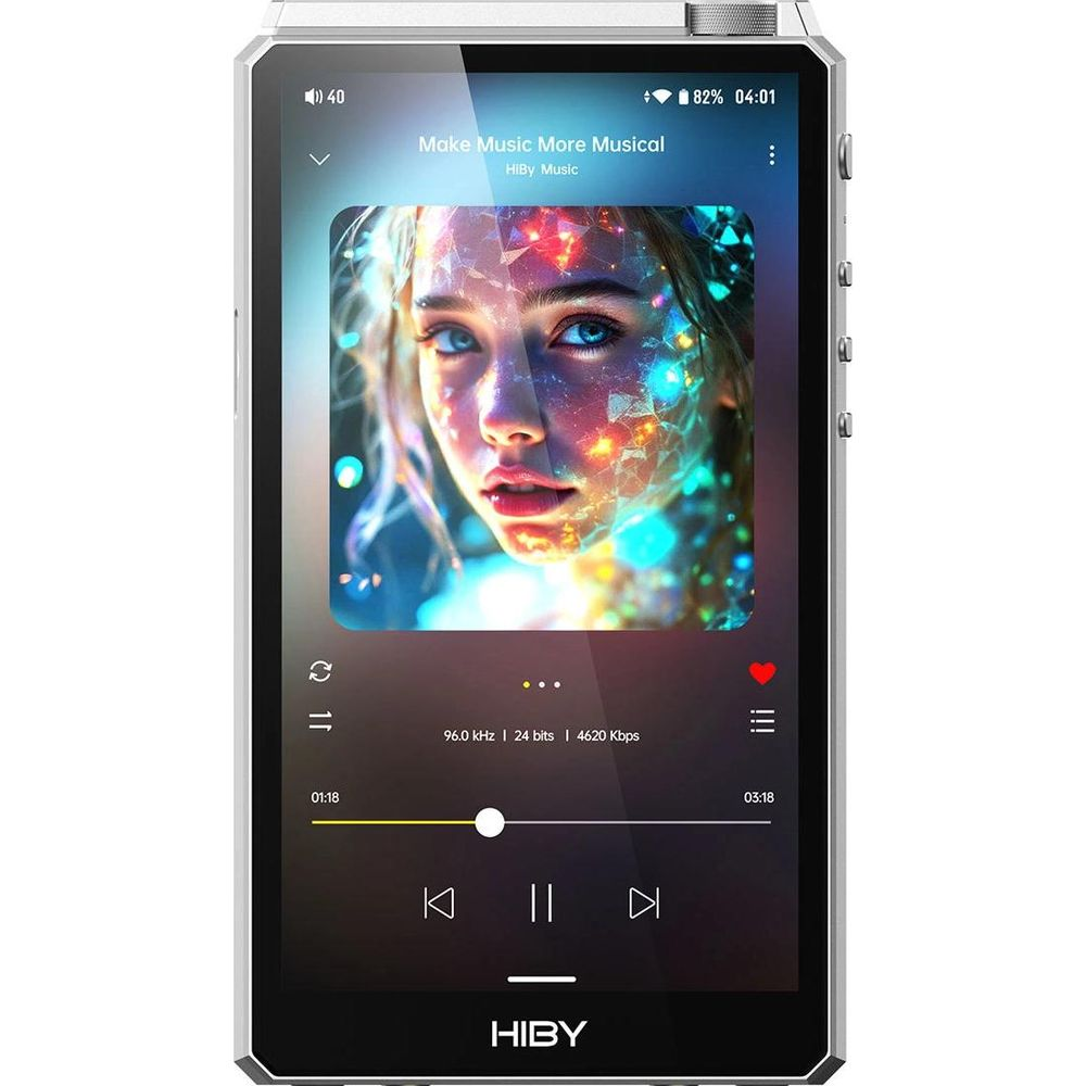 Un reproductor de música HiBy portátil muestra la portada de un álbum con el rostro de una mujer y luces de colores.