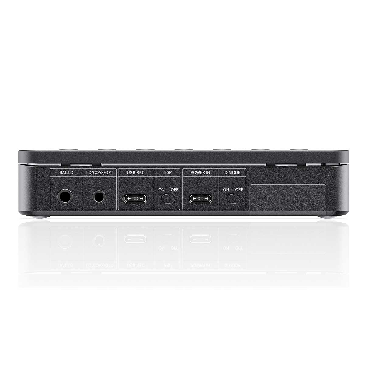 Rückseite eines schwarzen Audiogeräts mit Audioanschlüssen, USB-C, Strom und Schaltern.
