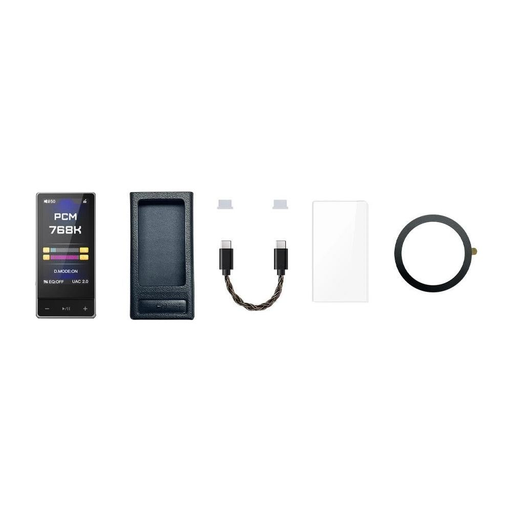 Reproductor de audio portátil, funda negra, cable USB-C, protector de pantalla y anillo metálico sobre fondo blanco.