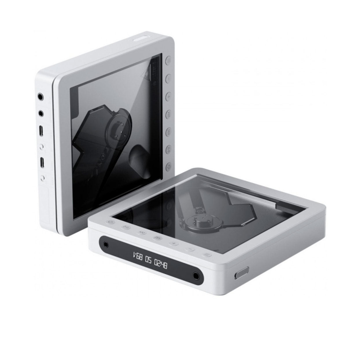 Dos reproductores de CD blancos con cubiertas transparentes y puertos laterales.
