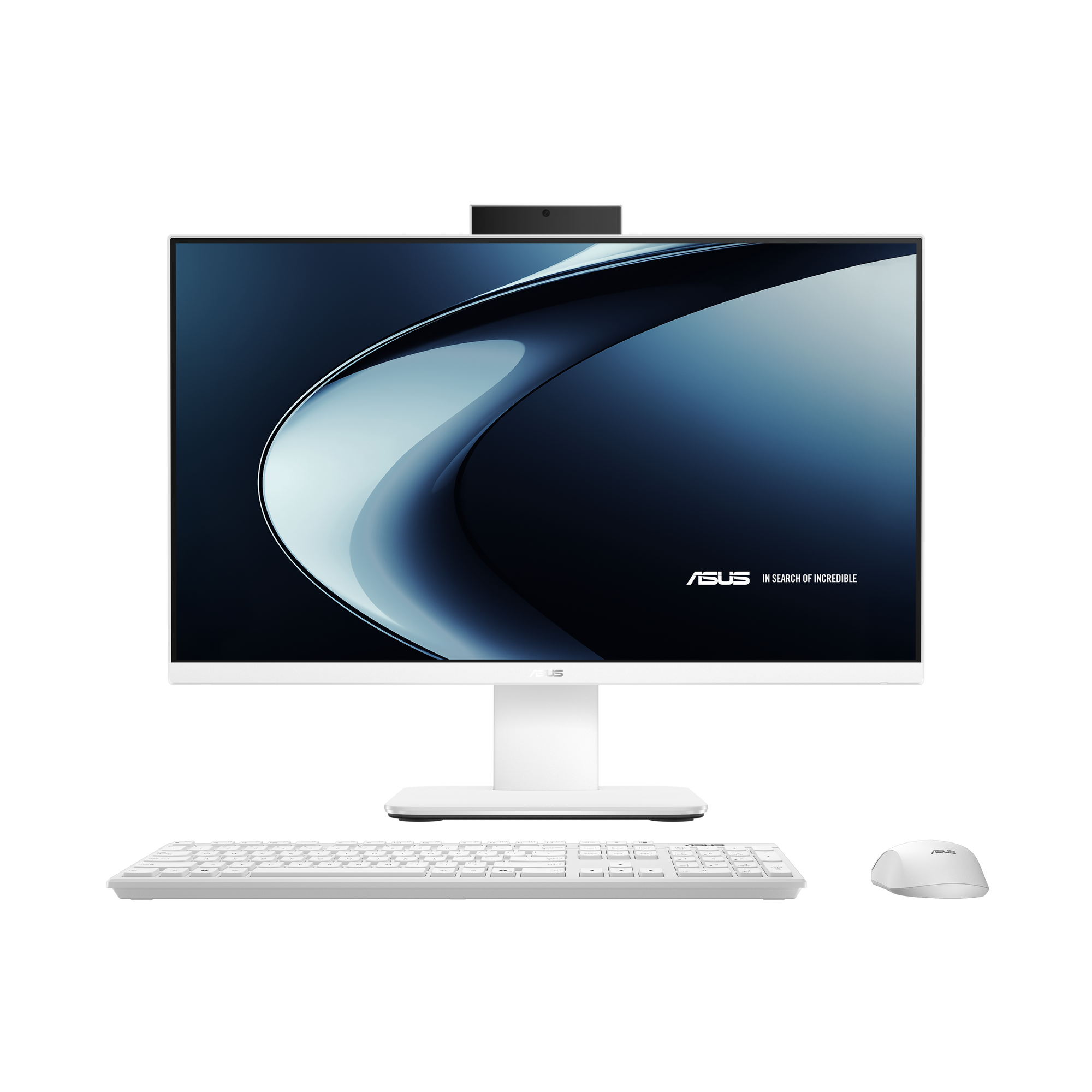 Ein weißer Asus All-in-One-Desktop-Computer mit Tastatur und Maus vor schwarzem Hintergrund.