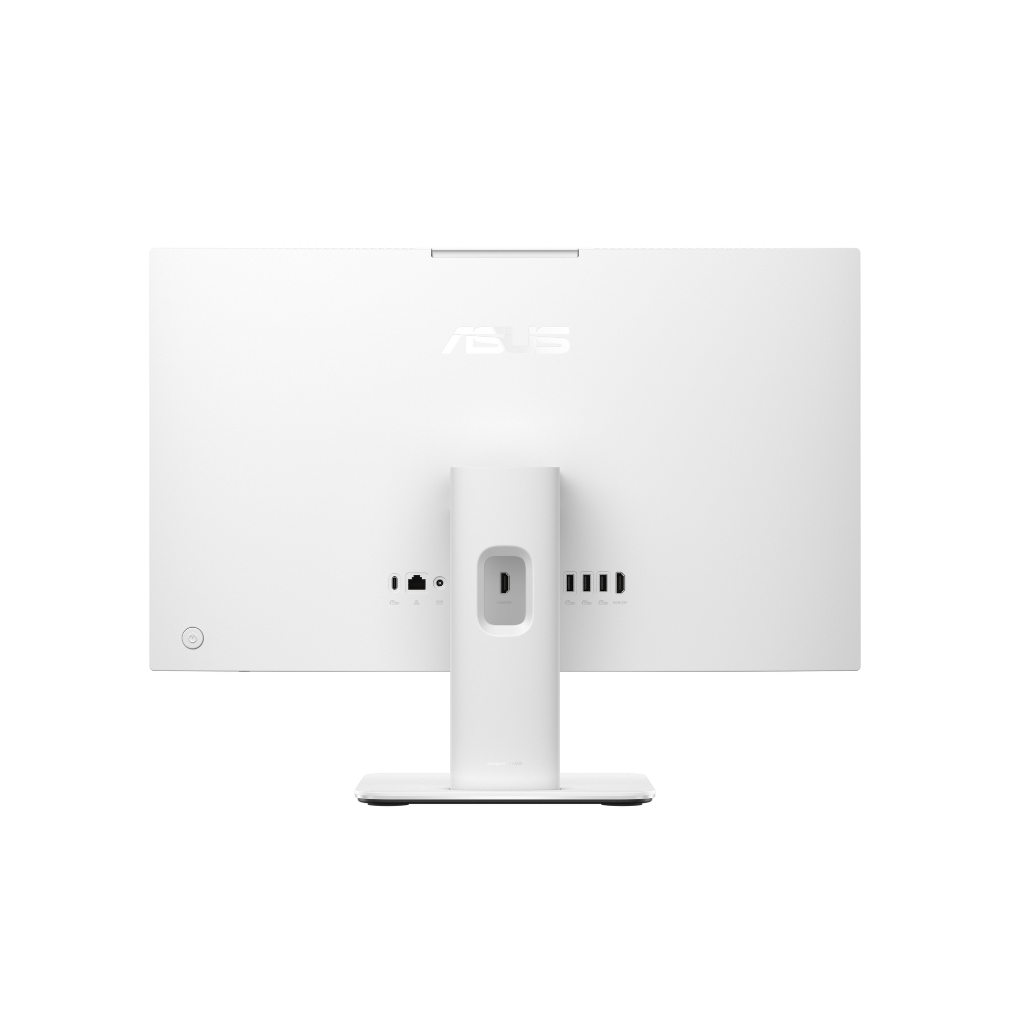 Rückansicht eines weißen ASUS-Monitors auf einem Standfuß mit verschiedenen Anschlüssen vor schwarzem Hintergrund.