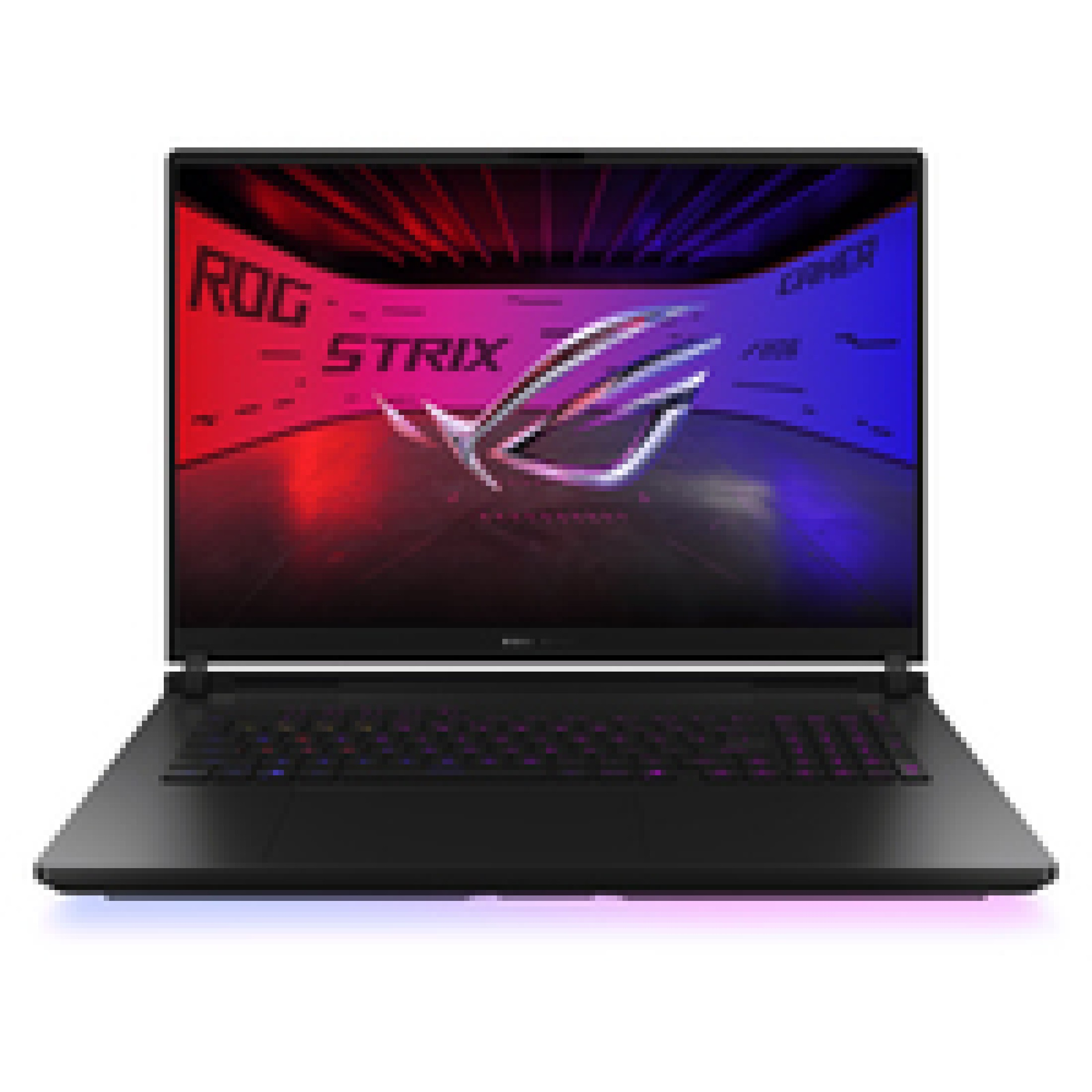 Ein schwarzer ROG Strix Gaming-Laptop zeigt ein leuchtendes Logo mit rot-blauer Hintergrundbeleuchtung.