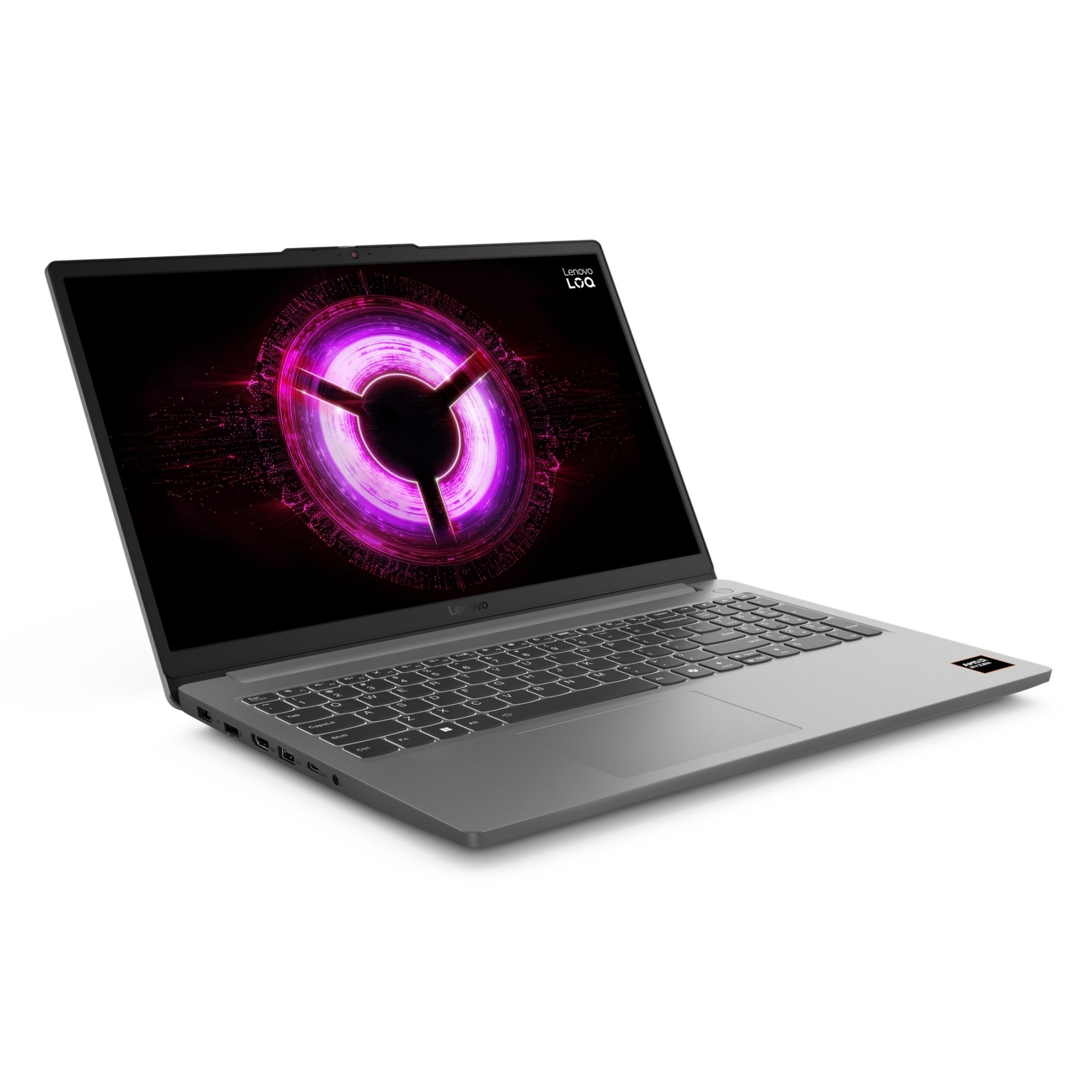 Beyaz arka plan üzerinde ekranda aydınlatılmış mor bir grafik bulunan gri bir Lenovo dizüstü bilgisayar.