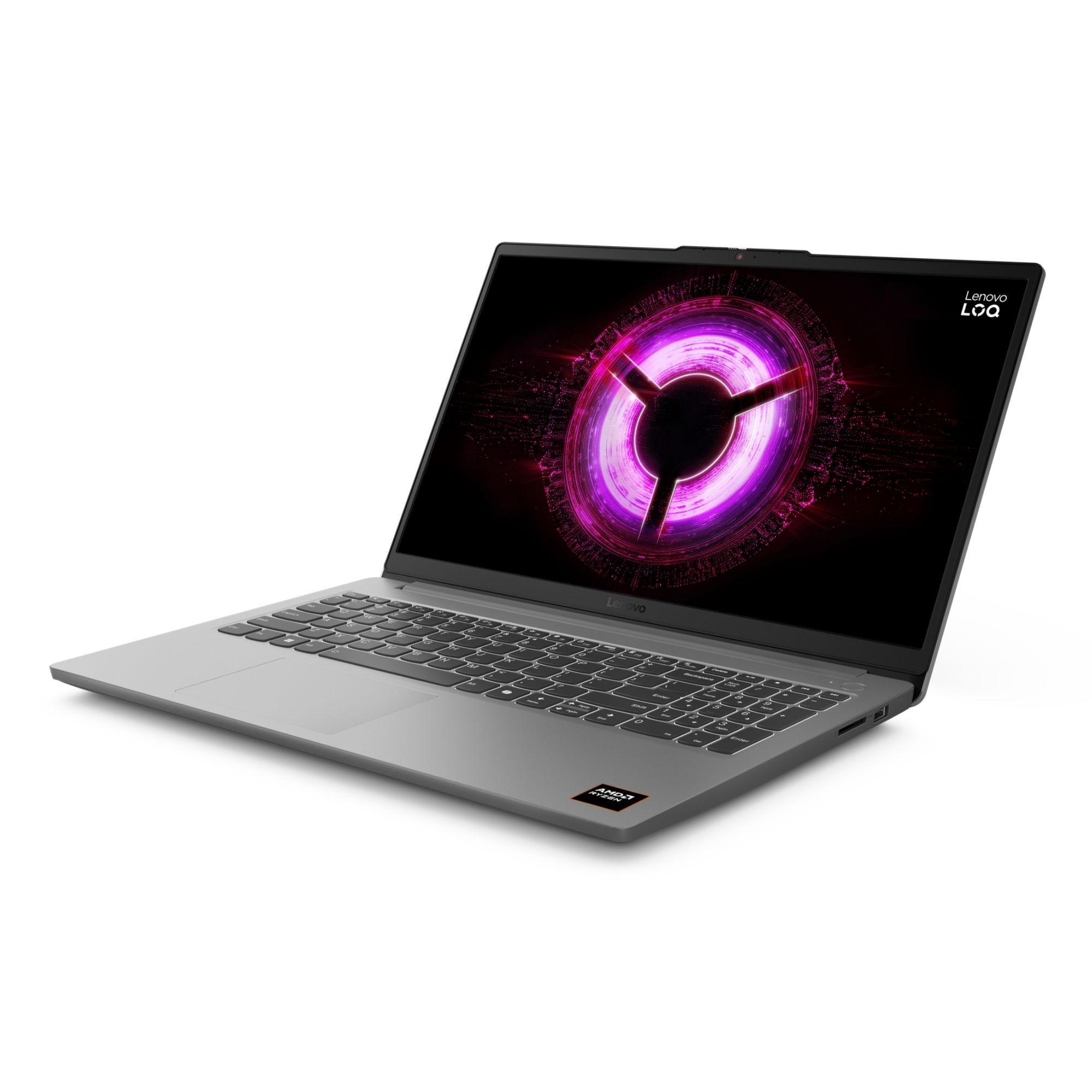 Beyaz arka planda parlayan mor ekranlı ve siyah klavyeli gri bir Lenovo LOQ dizüstü bilgisayar.