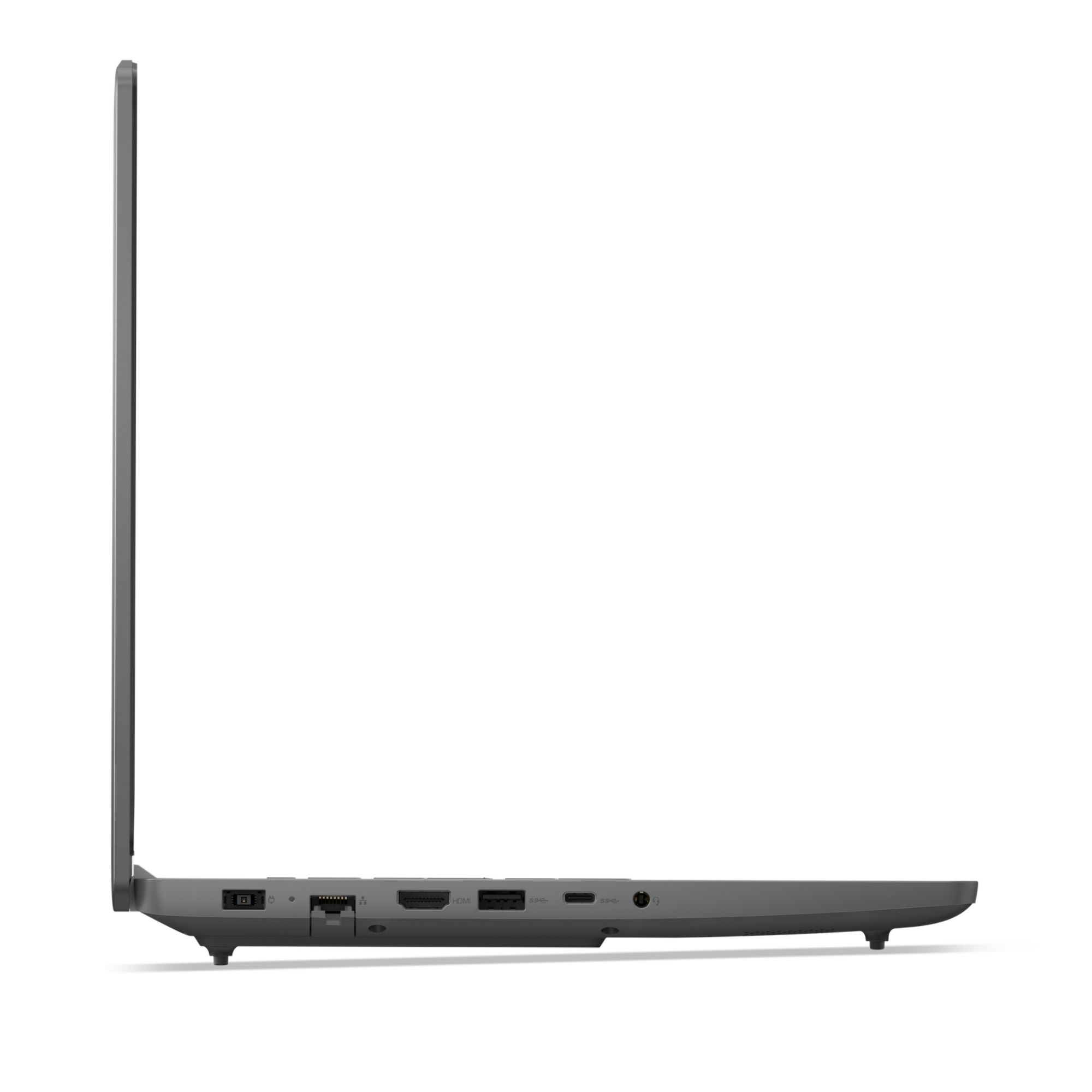 Güç, ethernet, HDMI, USB ve ses jakı gibi çeşitli bağlantı noktalarını gösteren gri bir dizüstü bilgisayarın sol profil görünümü.