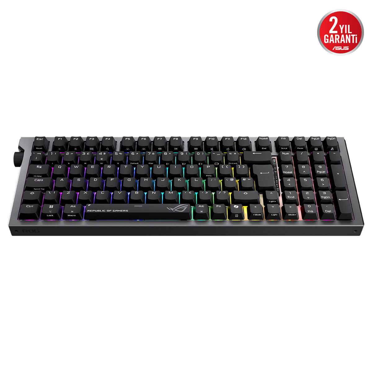 Beyaz arka planda RGB aydınlatmalı siyah mekanik oyuncu klavyesi, Asus garanti logosuyla.