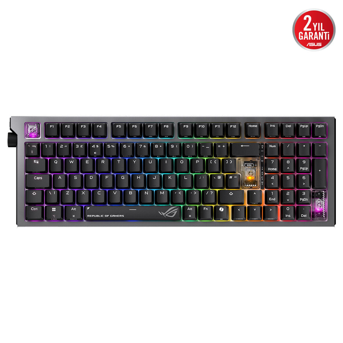RGB aydınlatmalı ve özelleştirilebilir tuşlu gri bir oyun klavyesi.