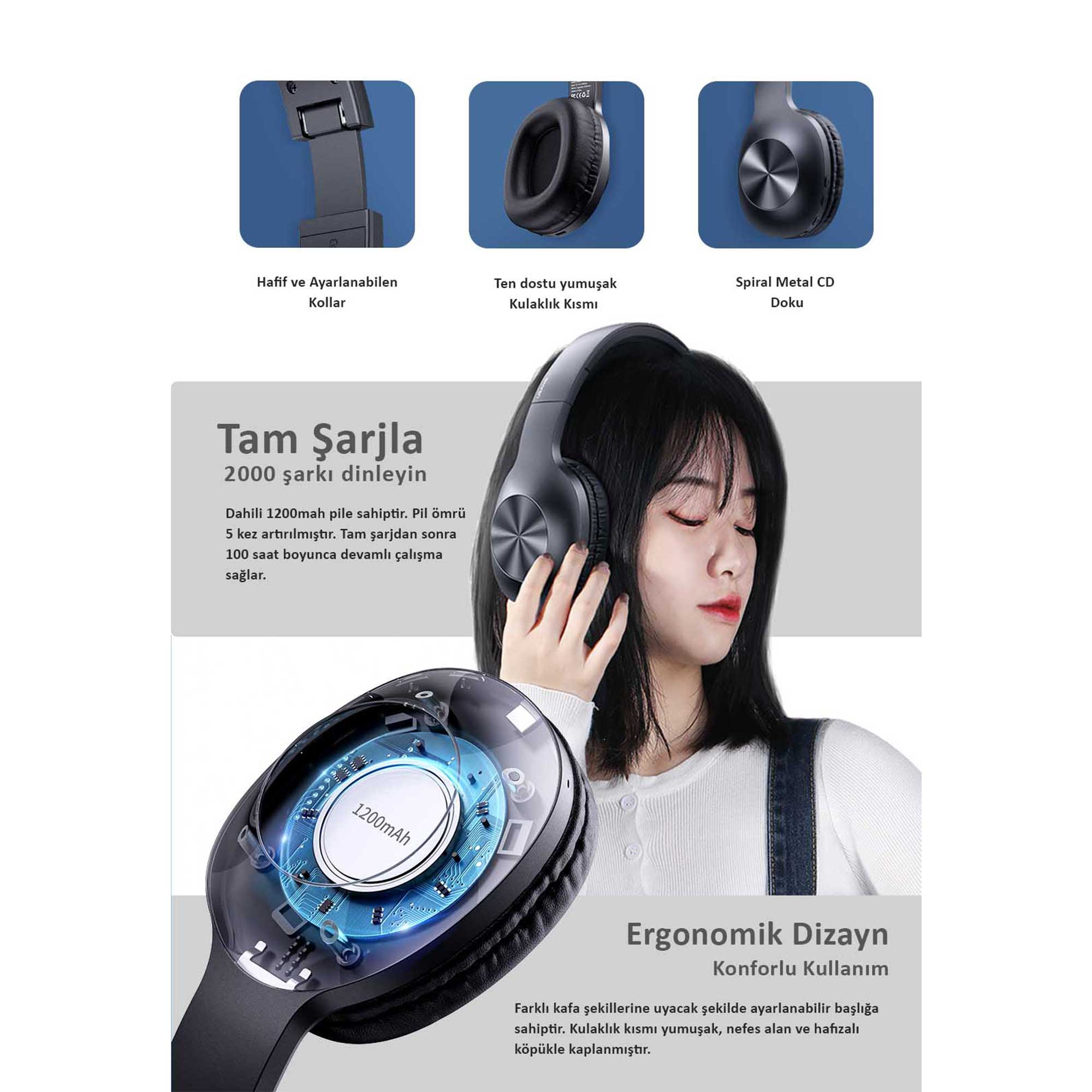Bir kadın, 1200mAh pil özelliğini gösteren kablosuz kulaklıkla müzik dinliyor.