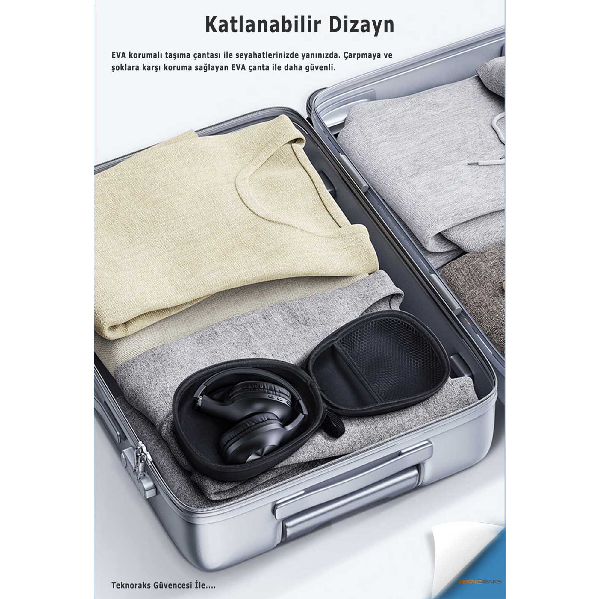 Katlanmış kıyafetler ve kulaklıklı EVA koruma çantasıyla dolu açık gümüş renkli bavul.