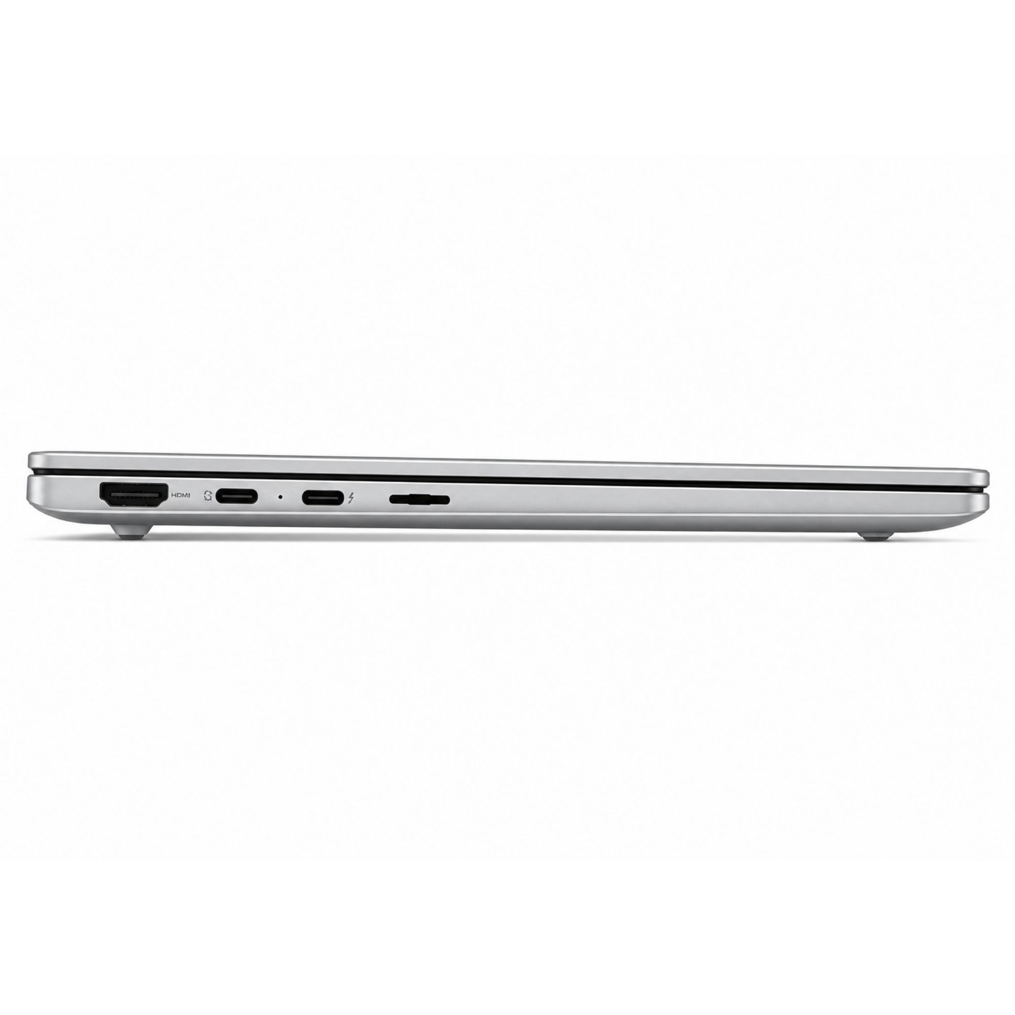 Beyaz arka planda HDMI ve USB-C bağlantı noktalarına sahip gümüş rengi bir dizüstü bilgisayarın yan görünümü.