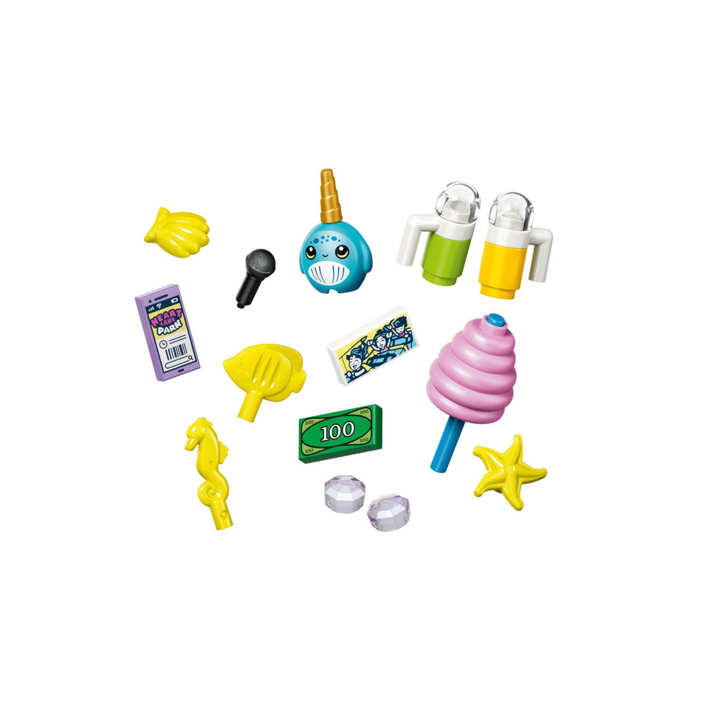 Una collezione di colorati accessori Lego su sfondo bianco.