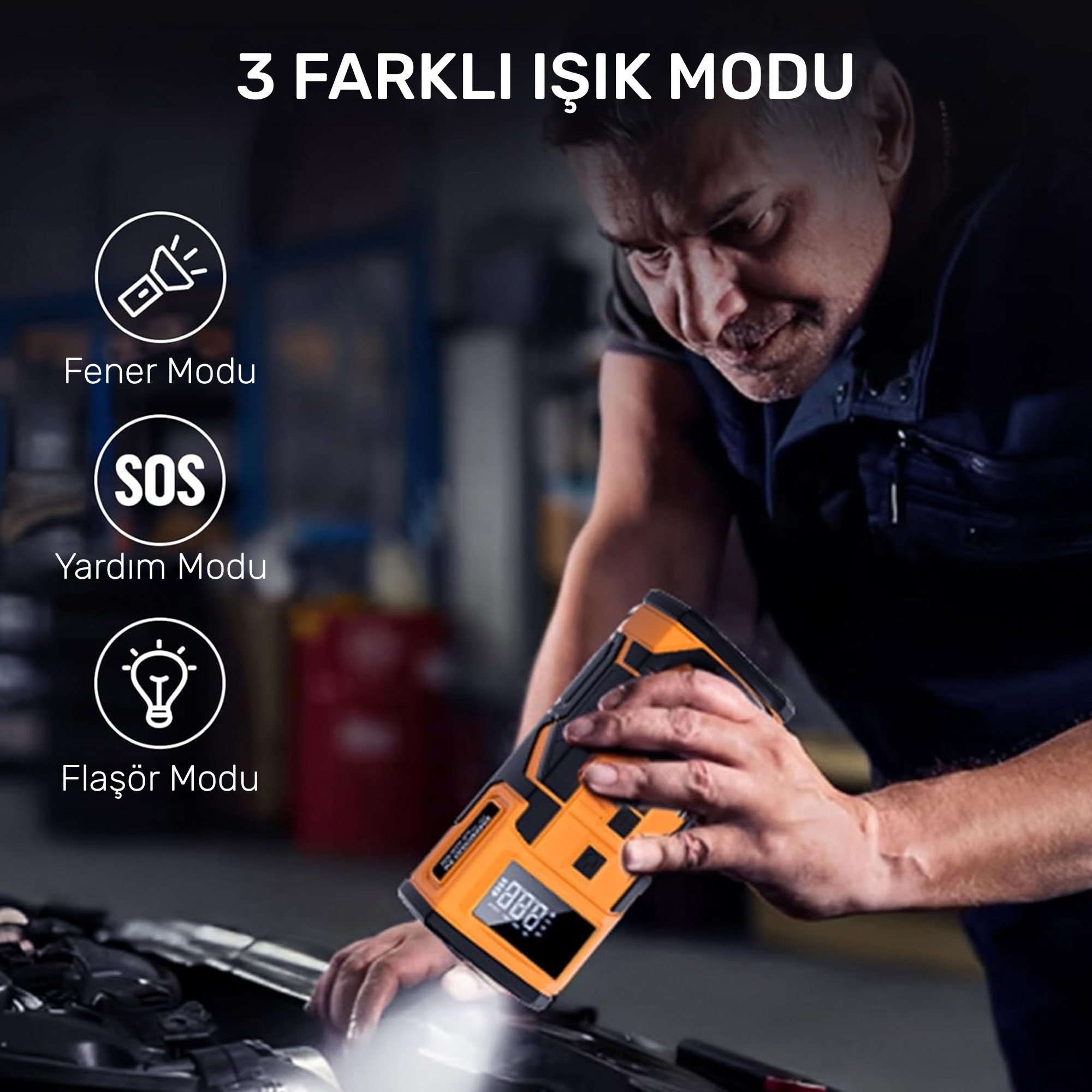 Bir tamirci turuncu ve siyah LED çalışma lambası kullanıyor.