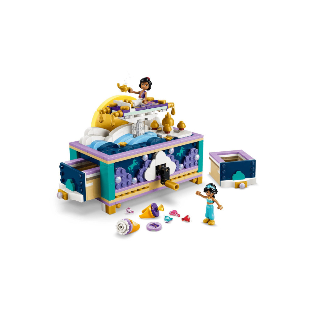 Pudełko na biżuterię Lego z figurkami Jasmin, latającym dywanem i kolorowymi klejnotami na białym tle.