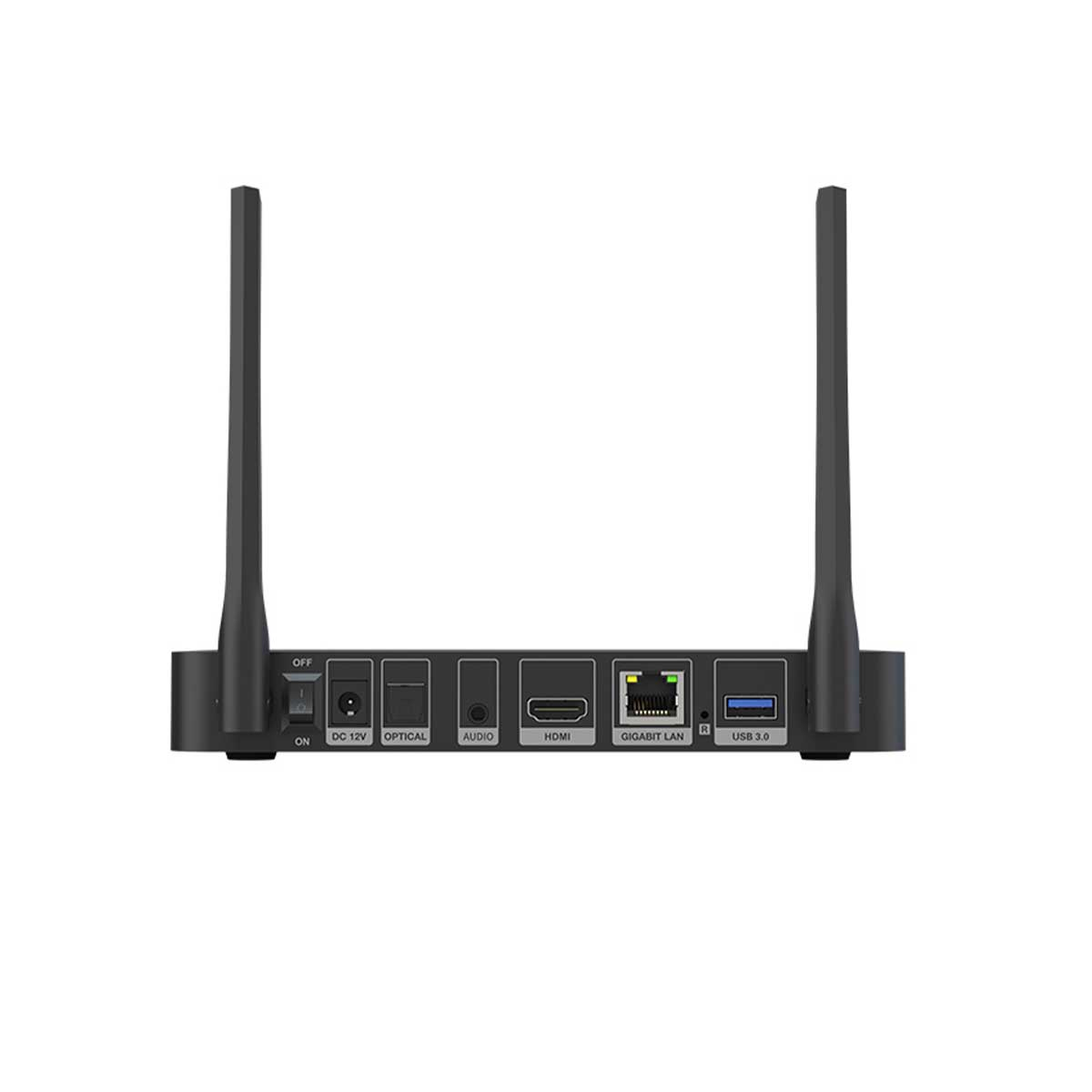 Vista trasera de un router negro con dos antenas y varios puertos como HDMI y LAN.