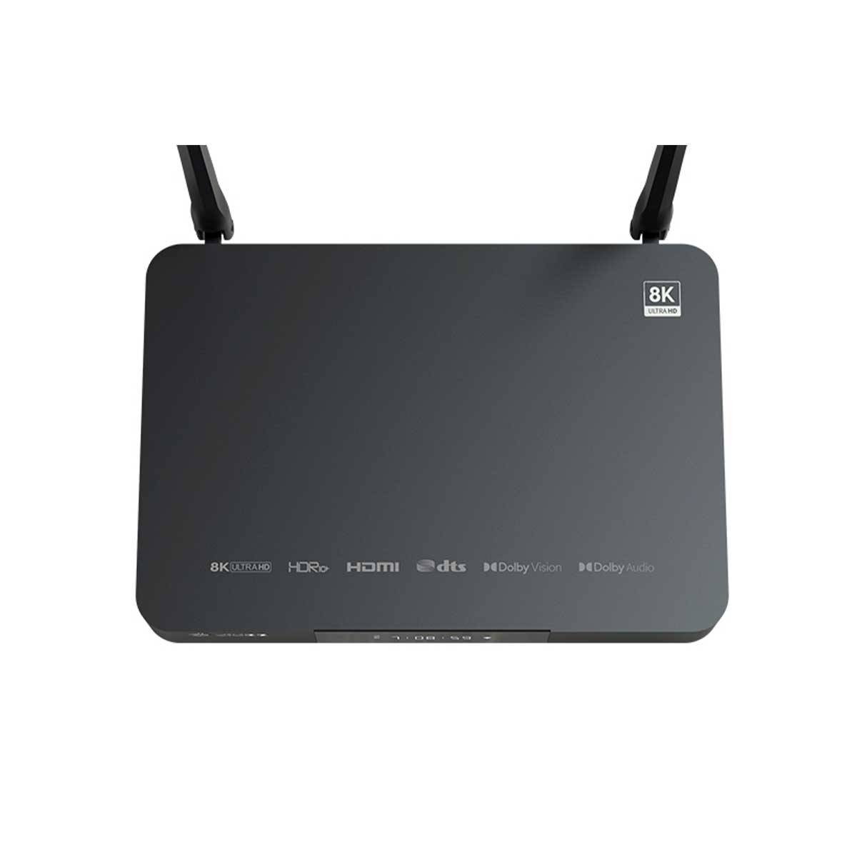 Un reproductor multimedia negro con dos antenas y logotipos de 8K, HDR y Dolby en la parte superior.
